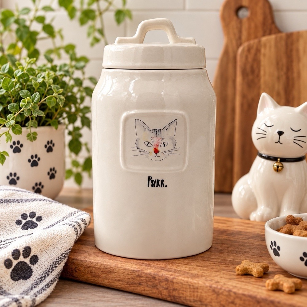 Rae Dunn PURR Cat Canister Ceramic Artisan Collection Magenta Cat Kitchen Decor